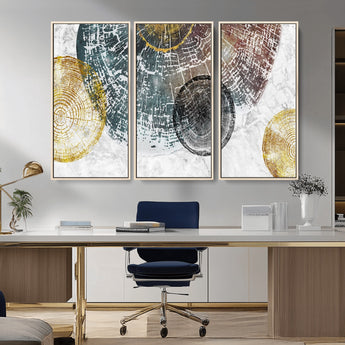 70653-MGV-FC-48X32-3P_Natural-Abstract Tree Ring Wall Art – Modern Rustic Wood Slice Canvas Print with Gold Accents, Contemporary Nature Decor for Living Room,