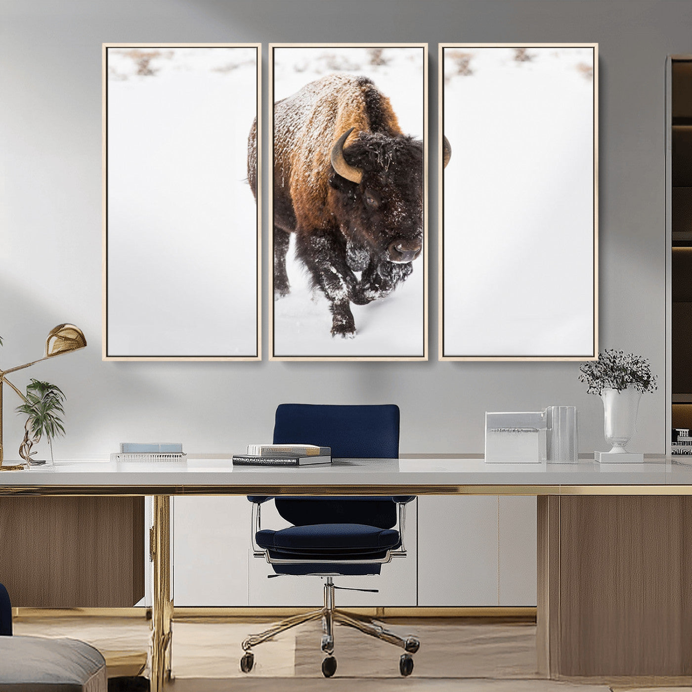 19889-MGV-CV-36X24-Snow Bison Wall Art – Majestic Buffalo Winter Landscape Canvas Print, Rustic Wildlife Photography Decor for Cabin, Lodge, Living