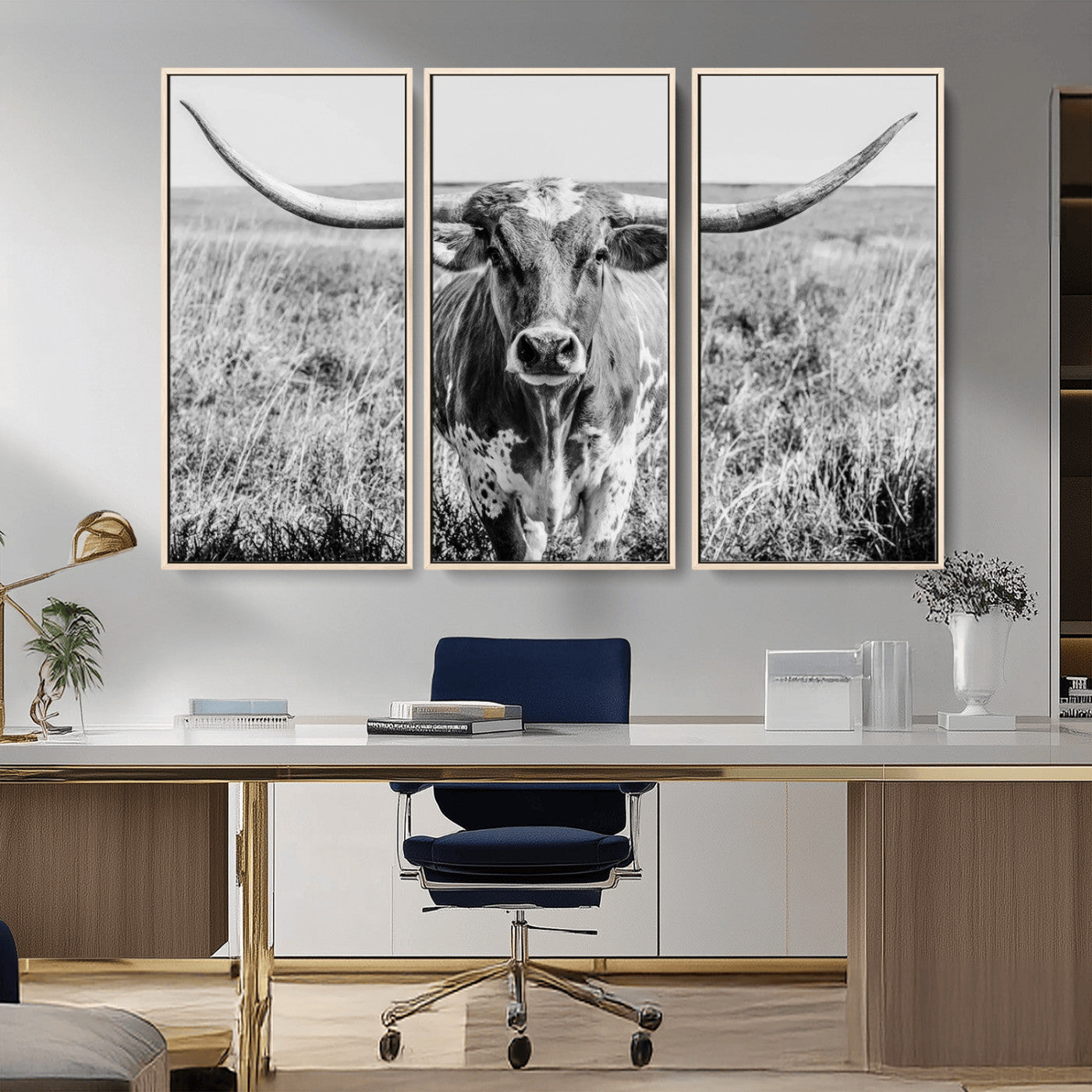 77320-MGV-CV-36X24-Texas Longhorn Wall Art – Black and White Western Cattle Canvas Print, Rustic Farmhouse Animal Photography Decor for Living Room,