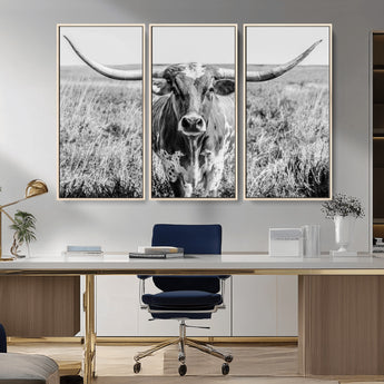 77320-MGV-CV-36X24-Texas Longhorn Wall Art – Black and White Western Cattle Canvas Print, Rustic Farmhouse Animal Photography Decor for Living Room,