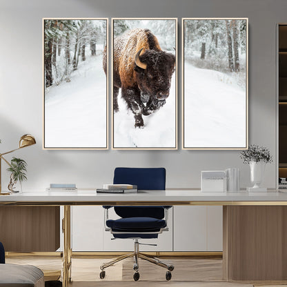 10109-MGV-CV-36X24-Majestic Bison Winter Wall Art – Snowy Forest Buffalo Canvas Print, Rustic Wildlife Photography Decor for Cabin, Lodge, Living