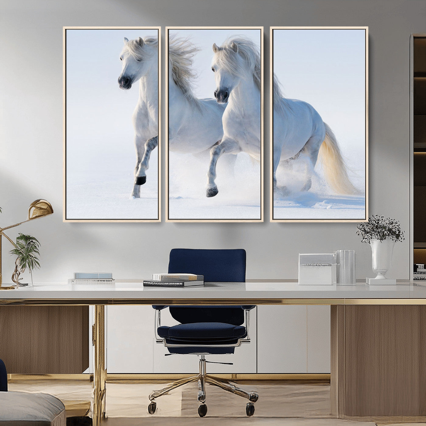 80145-MGV-CV-36X24-White Horses Running Snow Wall Art – Majestic Equine Canvas Print, Winter Nature Photography Decor for Living Room, Office,