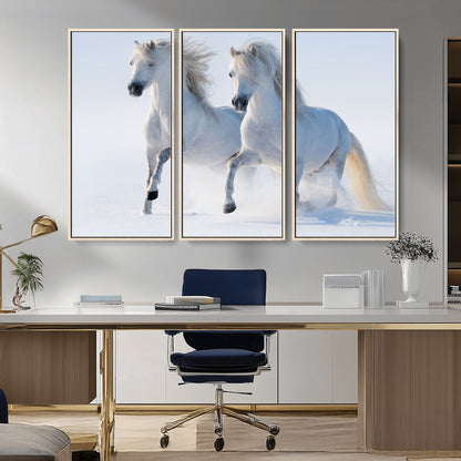 80145-MGV-CV-36X24-White Horses Running Snow Wall Art – Majestic Equine Canvas Print, Winter Nature Photography Decor for Living Room, Office,
