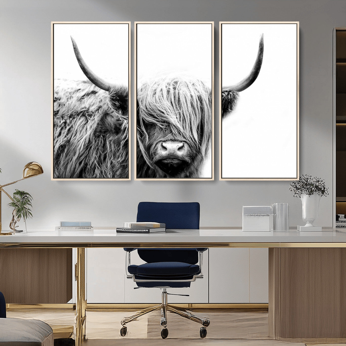 51957-MGV-CV-36X24-Highland Cow Wall Art – Black and White Scottish Highland Bull Canvas Print, Rustic Farmhouse Animal Decor for Living Room,