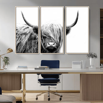 51957-MGV-CV-36X24-Highland Cow Wall Art – Black and White Scottish Highland Bull Canvas Print, Rustic Farmhouse Animal Decor for Living Room,