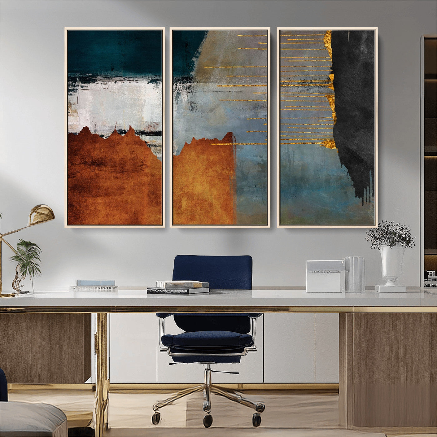 35026-MGV-CV-36X24-Abstract Canvas Wall Art – Modern Teal, Rust, Black and Gold Textured Painting, Contemporary Decor for Living Room, Bedroom