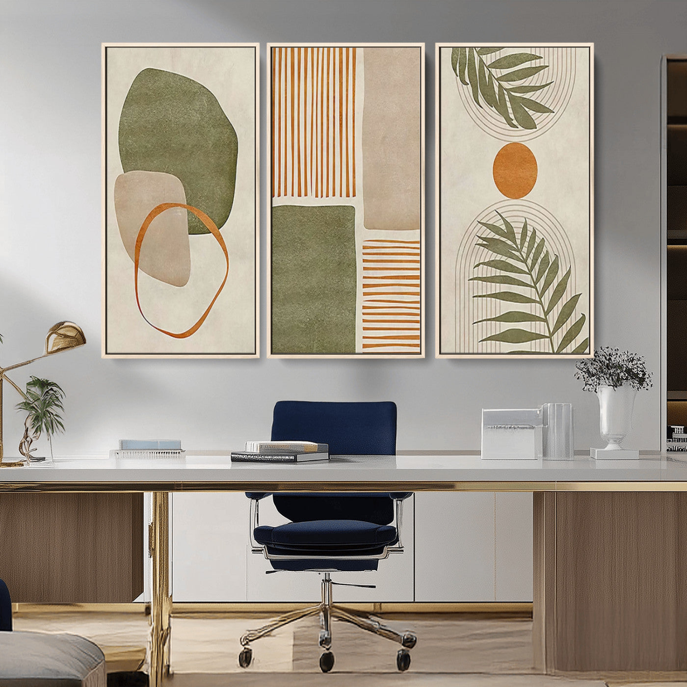 96002-MGV-CV-36X24-Abstract Geometric Wall Art – Modern Canvas Print with Green, Orange & Beige Shapes, Minimalist Home Decor for Living Room, Office