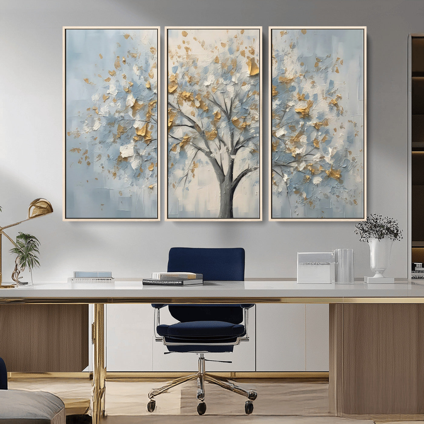 65811-MGV-CV-36X24-Abstract Tree Wall Art – Textured Canvas Painting with Gold and White Leaves, Modern Nature Inspired Decor for Living Room or