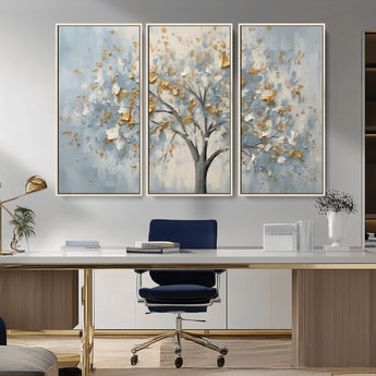 65811-MGV-CV-36X24-Abstract Tree Wall Art – Textured Canvas Painting with Gold and White Leaves, Modern Nature Inspired Decor for Living Room or