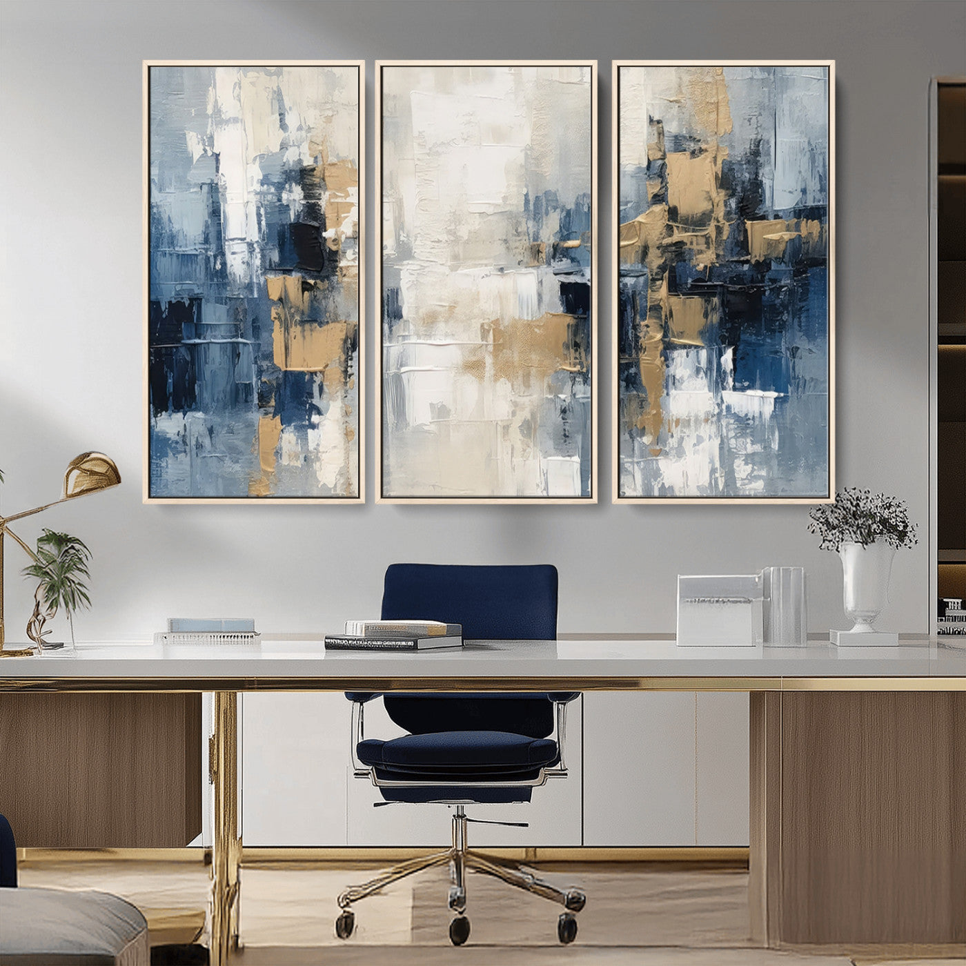 44344-MGV-FC-48X32-3P_Natural-Abstract Blue and Gold Wall Art – Modern Hand Painted Canvas Print, Contemporary Textured Painting for Living Room, Bedroom or