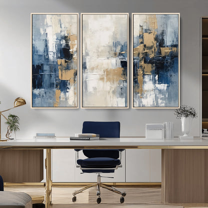 44344-MGV-FC-48X32-3P_Natural-Abstract Blue and Gold Wall Art – Modern Hand Painted Canvas Print, Contemporary Textured Painting for Living Room, Bedroom or