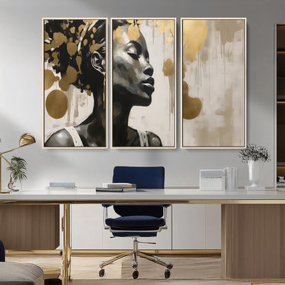 65669-MGV-CV-36X24-Elegant Black Woman Wall Art – Modern Abstract Portrait Canvas with Gold Accents, Contemporary Afrocentric Decor for Living Room