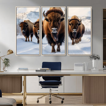 56701-MGV-CV-36X24-Bison Herd Wall Art – Buffalo Walking in Snowy Mountains Canvas Print, Rustic Wildlife Decor for Cabin, Lodge, or Living Room