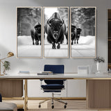45287-MGV-CV-36X24-Bison Herd Wall Art – Black and White Buffalo Snow Road Canvas Print, Rustic Wildlife Decor for Cabin, Lodge or Living Room