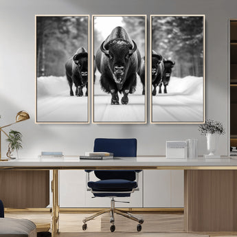 45287-MGV-CV-36X24-Bison Herd Wall Art – Black and White Buffalo Snow Road Canvas Print, Rustic Wildlife Decor for Cabin, Lodge or Living Room