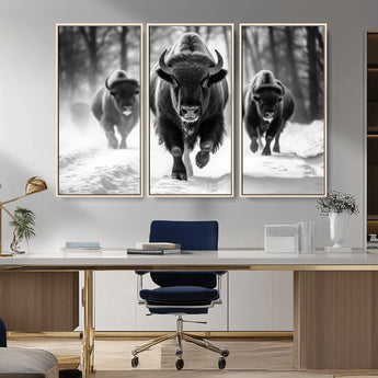 97552-MGV-CV-36X24-Black and White Bison Wall Art – Buffalo Herd Running in Snow Canvas Print, Rustic Wildlife Photography Decor for Cabin, Lodge, or