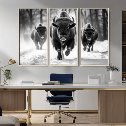 97552-MGV-CV-36X24-Black and White Bison Wall Art – Buffalo Herd Running in Snow Canvas Print, Rustic Wildlife Photography Decor for Cabin, Lodge, or
