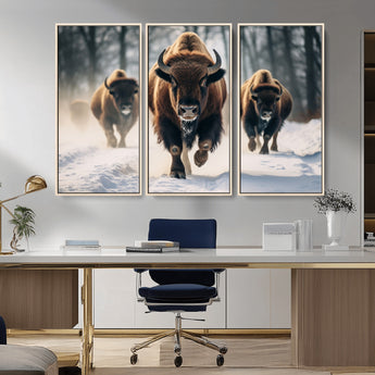 56549-MGV-CV-36X24-Wild Bison Wall Art – Majestic Buffalo Herd Running in Snow Canvas Print, Rustic Wildlife Photography Decor for Cabin, Lodge, or