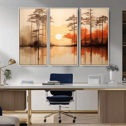 51083-MGV-FC-48X32-3P_Natural-Sunset Lake Forest Wall Art – Serene Trees and Orange Sky Reflection Canvas Print, Tranquil Nature Decor for Living Room, Office