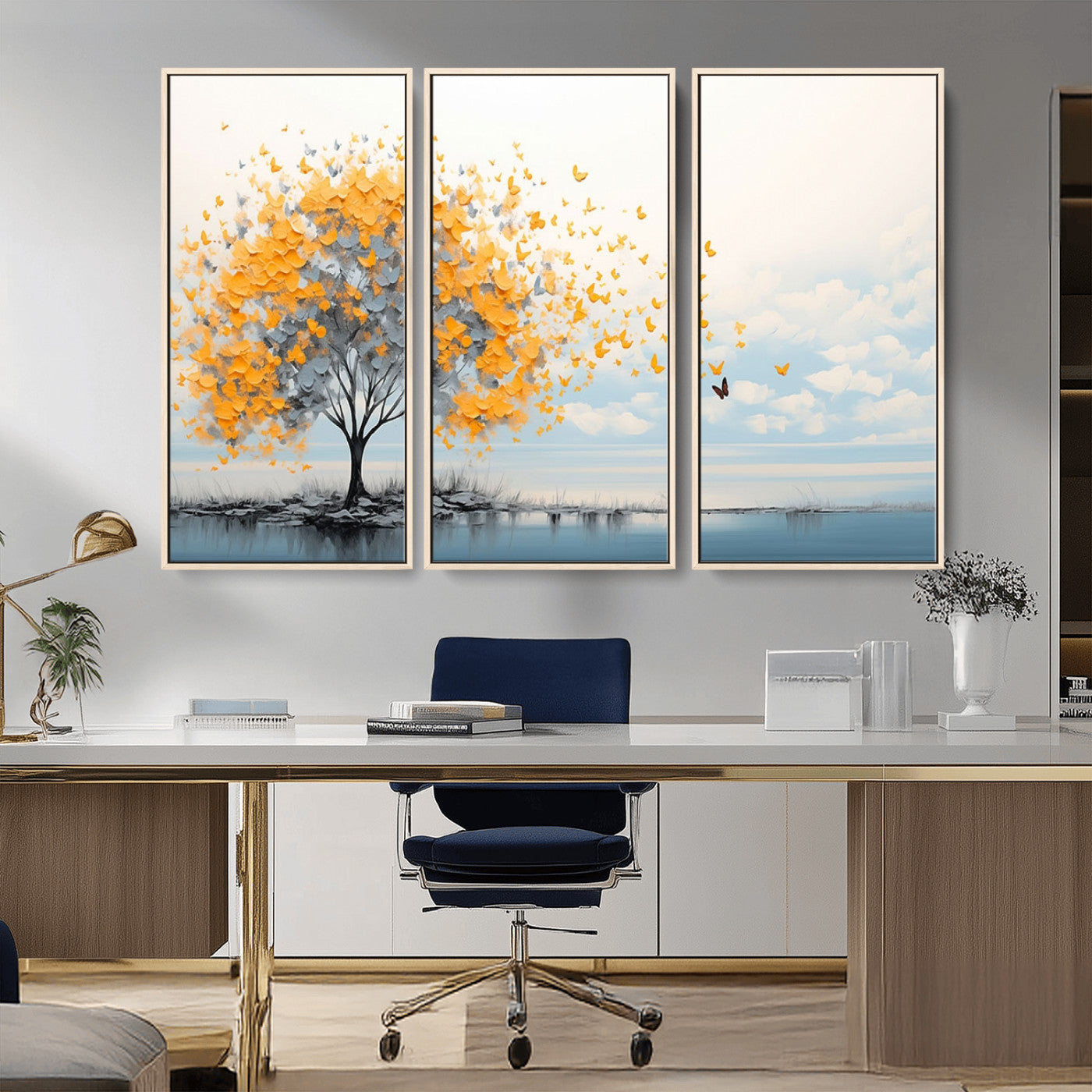 23385-MGV-CV-36X24-Golden Butterfly Tree Wall Art – Abstract Yellow and Gray Canvas Print, Modern Nature Artwork for Living Room, Bedroom or Office