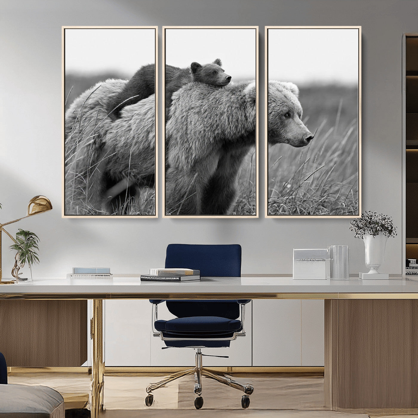 76338-MGV-FC-48X32-3P_Natural-Mother Bear and Cub Wall Art – Black and White Wildlife Canvas Print, Rustic Nature Photography for Cabin, Living Room or Office
