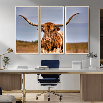 18594-MGV-FC-48X32-3P_Natural-Texas Longhorn Bull Wall Art – Rustic Western Cattle Canvas Print, Country Farmhouse Decor for Living Room, Office or Cabin