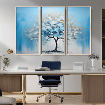25021-MGV-CV-36X24-Abstract Tree Wall Art – Blue and White Canvas Painting with Gold Accents, Modern Nature-Inspired Artwork for Living Room, Bedroom
