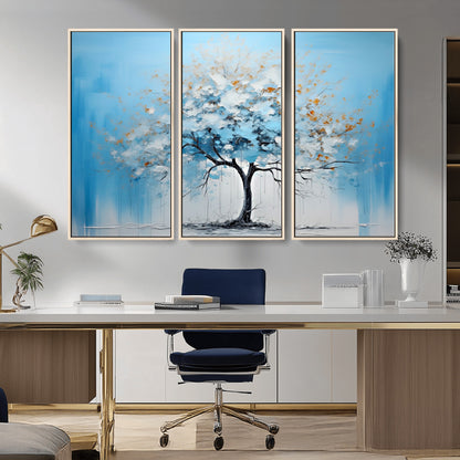 25021-MGV-CV-36X24-Abstract Tree Wall Art – Blue and White Canvas Painting with Gold Accents, Modern Nature-Inspired Artwork for Living Room, Bedroom