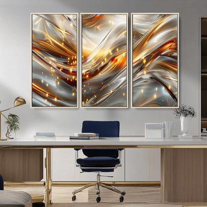 Lines1-MGV-CV-36X24-Abstract Metallic Wall Art – Silver and Gold Wave Canvas Print with Sparkling Accents, Modern Luxury Decor for Living Room, Office