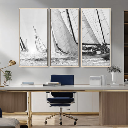 Boat-1-MGV-CV-36X24-Sailboat Racing Wall Art – Nautical Black and White Canvas Print, Ocean Adventure Decor for Office, Living Room or Bedroom