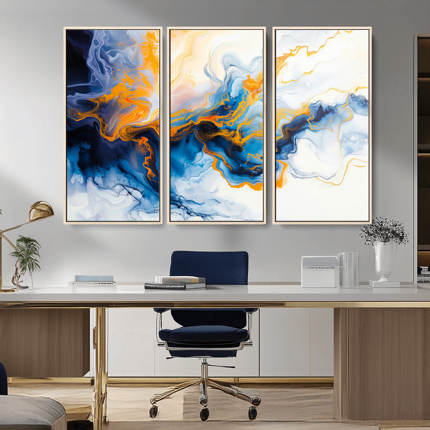 83720-MGV-CV-36X24-Abstract Fluid Wall Art – Blue, White and Gold Swirl Canvas Painting, Modern Contemporary Artwork for Living Room, Bedroom or