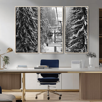 19240-MGV-CV-36X24-Ski Lift Wall Art – Black and White Winter Mountain Canvas Print, Snowy Forest Ski Resort Photography for Cabin, Lodge, Office or