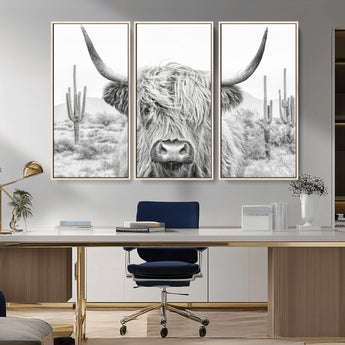94579-MGV-FC-48X32-3P_Natural-Highland Cow Wall Art – Black and White Longhorn Canvas Print, Rustic Western Farmhouse Animal Photography for Living Room,