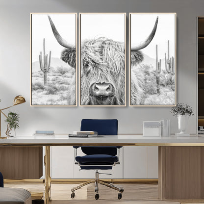 94579-MGV-FC-48X32-3P_Natural-Highland Cow Wall Art – Black and White Longhorn Canvas Print, Rustic Western Farmhouse Animal Photography for Living Room,