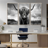 17924-MGV-CV-36X24-Highland Cow Wall Art – Black and White Rustic Longhorn Cattle Canvas Print, Farmhouse Animal Photography Decor for Country Home