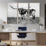 94709-MGV-CV-36X24-Texas Longhorn Wall Art – Black and White Bull Photography Canvas Print, Western Farmhouse Wall Decor for Living Room, Office or