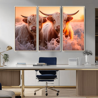 68253-MGV-CV-36X24-Highland Cow Wall Art – Rustic Farmhouse Cattle Canvas Print, Frosty Sunset Animal Artwork for Living Room, Bedroom or Country