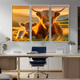 20567-MGV-CV-36X24-Highland Cow and Calf Wall Art – Rustic Farmhouse Sunset Cattle Canvas Print, Country Animal Artwork for Living Room, Bedroom, or