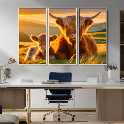 20567-MGV-CV-36X24-Highland Cow and Calf Wall Art – Rustic Farmhouse Sunset Cattle Canvas Print, Country Animal Artwork for Living Room, Bedroom, or