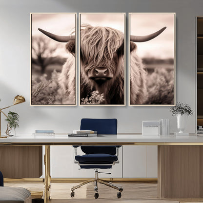 55903-MGV-CV-36X24-Highland Cow Wall Art – Rustic Sepia Scottish Highland Bull Canvas Print, Farmhouse Country Animal Decor for Living Room, Bedroom