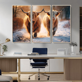 50490-MGV-CV-36X24-Highland Cow Wall Art – Rustic Panoramic Canvas Print Two Cattle Snowy Landscape, Farmhouse Country Decor for Living Room Office