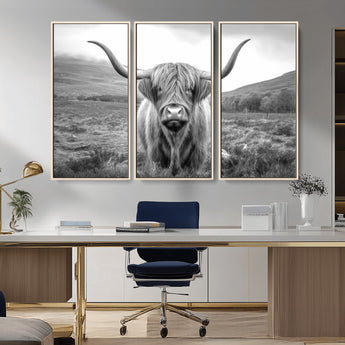 52903-MGV-CV-36X24-Highland Cow Wall Art – Black and White Canvas Print Rustic Cattle Portrait, Farmhouse Country Decor for Living Room, Office,