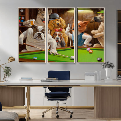 34228-MGV-CV-36X24-Dogs Playing Pool Wall Art Canvas Print, Framed Funny Dog Art Picture Print, Dog Perfect Game Room Decor Artwork