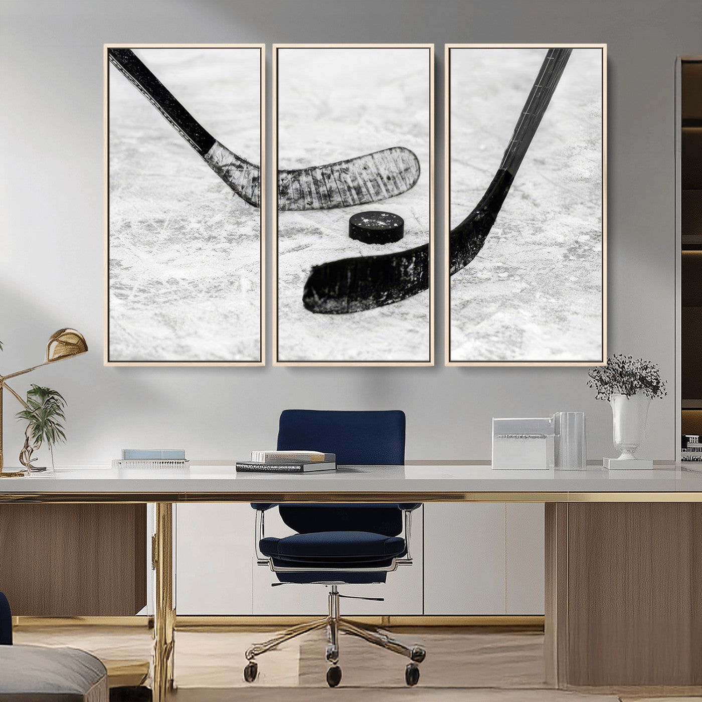 82900-MGV-FC-48X32-3P_Natural-Hockey Wall Art – Black and White Canvas Print Ice Rink Sticks Puck Sports Photography, Modern Decor for Game Room, Man Cave,