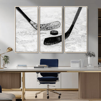 82900-MGV-FC-48X32-3P_Natural-Hockey Wall Art – Black and White Canvas Print Ice Rink Sticks Puck Sports Photography, Modern Decor for Game Room, Man Cave,