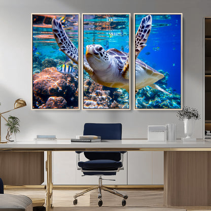12683-MGV-CV-36X24-Sea Turtle Wall Art – Graceful Ocean Canvas Print with Coral Reef and Tropical Fish, Coastal Marine Life Decor for Beach House,