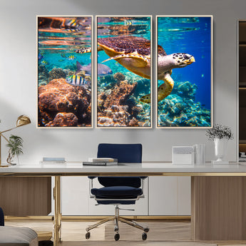 66614-MGV-CV-36X24-Sea Turtle Wall Art – Hawksbill Turtle Swimming Over Coral Reef Canvas Print, Ocean Marine Life Decor for Beach House, Coastal