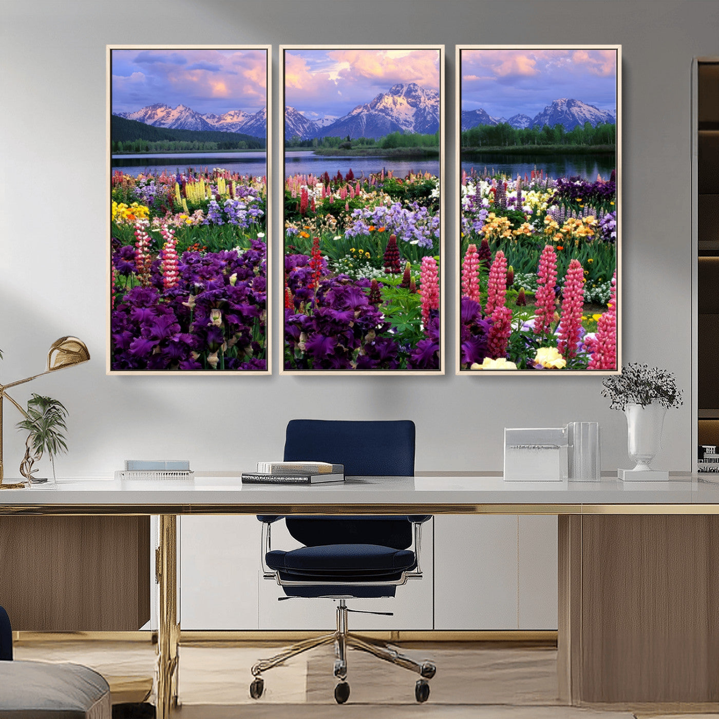 82270-MGV-CV-36X24-Colorful Wildflower Meadow Landscape Wall Art – Snow-Capped Mountain Lake Sunset Print, Vibrant Nature Artwork for Living Room,