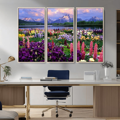82270-MGV-CV-36X24-Colorful Wildflower Meadow Landscape Wall Art – Snow-Capped Mountain Lake Sunset Print, Vibrant Nature Artwork for Living Room,