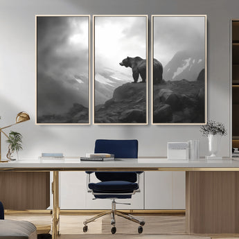 49504-MGV-CV-36X24-Black and White Grizzly Bear Wall Art – Wilderness Wildlife Painting, Rustic Mountain Cabin Decor, Monochrome Animal Print for